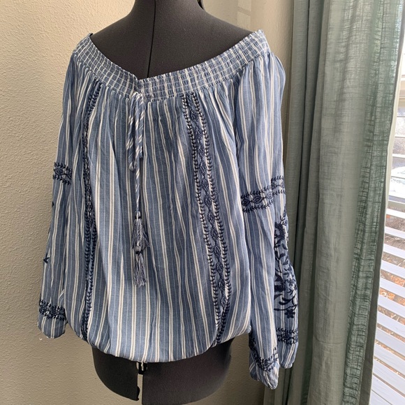 Xhilaration Tops - Xhilaration striped chambray off shoulder shirt